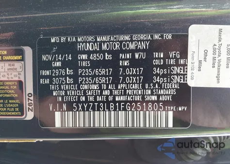 2015 Hyundai Santa Fe Sport z USA, uszkodzony, nr VIN 5XYZT3LB1FG251805